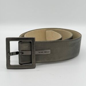Nine West Wide Leather Belt Metallic Gray Matte Buckle 2" Statement 43.5"